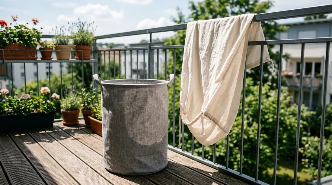 Geöffneter Wäschekorb mit herausgenommenem Innensack auf einem Balkon zum Lüften