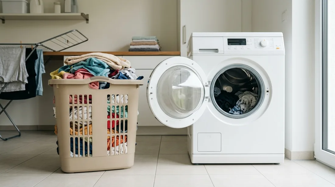 Geöffnete Waschmaschine neben einem gefüllten Wäschekorb in einem Hauswirtschaftsraum