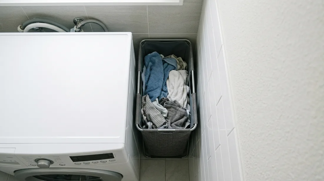 Schmaler Wäschekorb in der Lücke zwischen Waschmaschine und Wand in einem kleinen Badezimmer